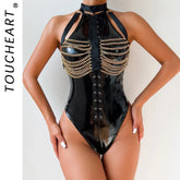 Toucheart Patent Leather Uniform Onesie with Metal Chain Detail Adult Passionate Underwear Temptation Uniform Suit