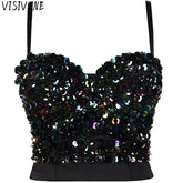 Visivane Punk Sequin Tank Top Short Corset Stage Party Shaper Crop Tops Blusas Camis Bras Shirt