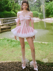 Bow Detail Tiered Skirt Set - Soft Pink