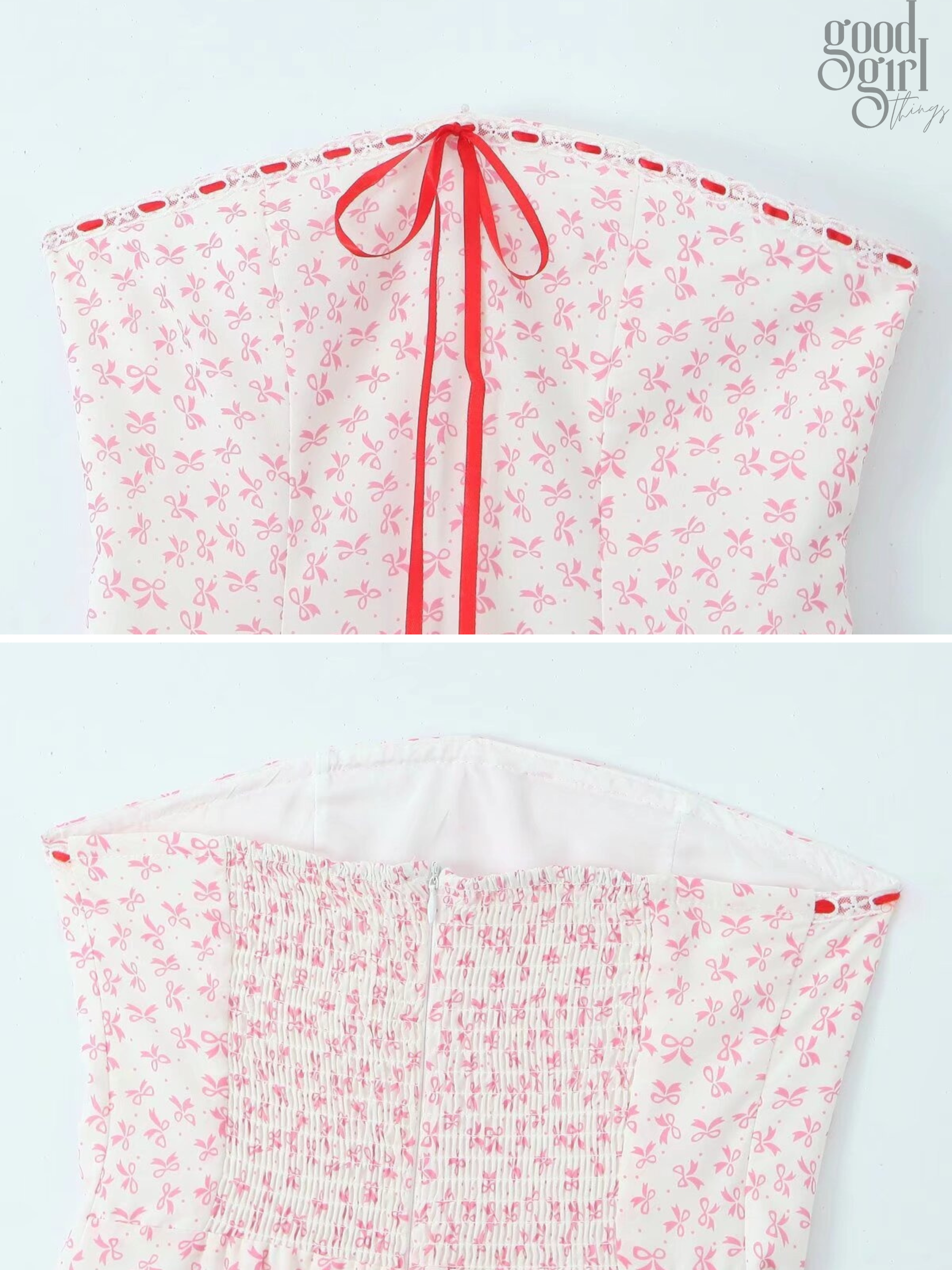 Emeline Bow Print Strapless Mini Dress