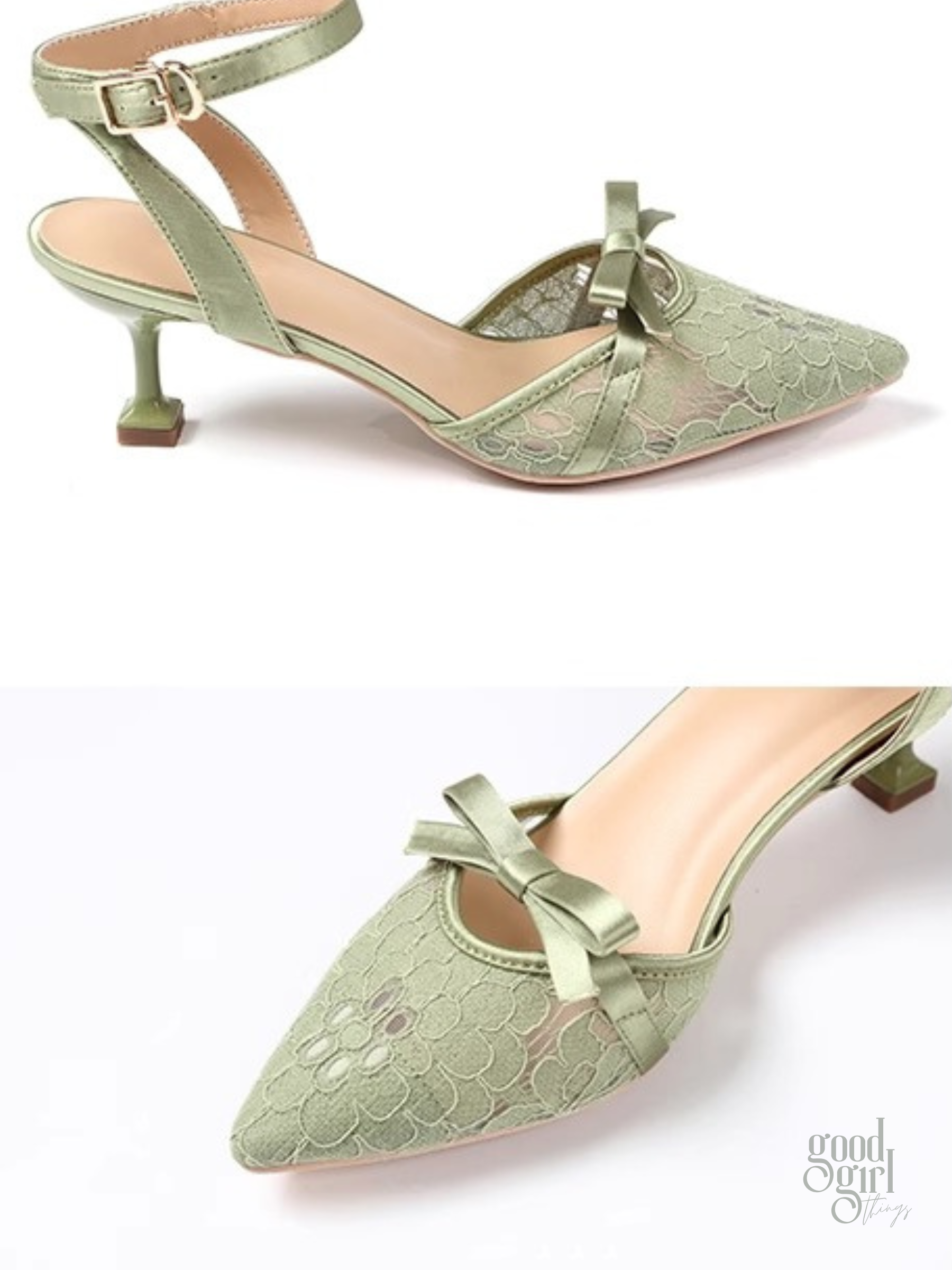 Ellery Sage Green Lace Bow Heels