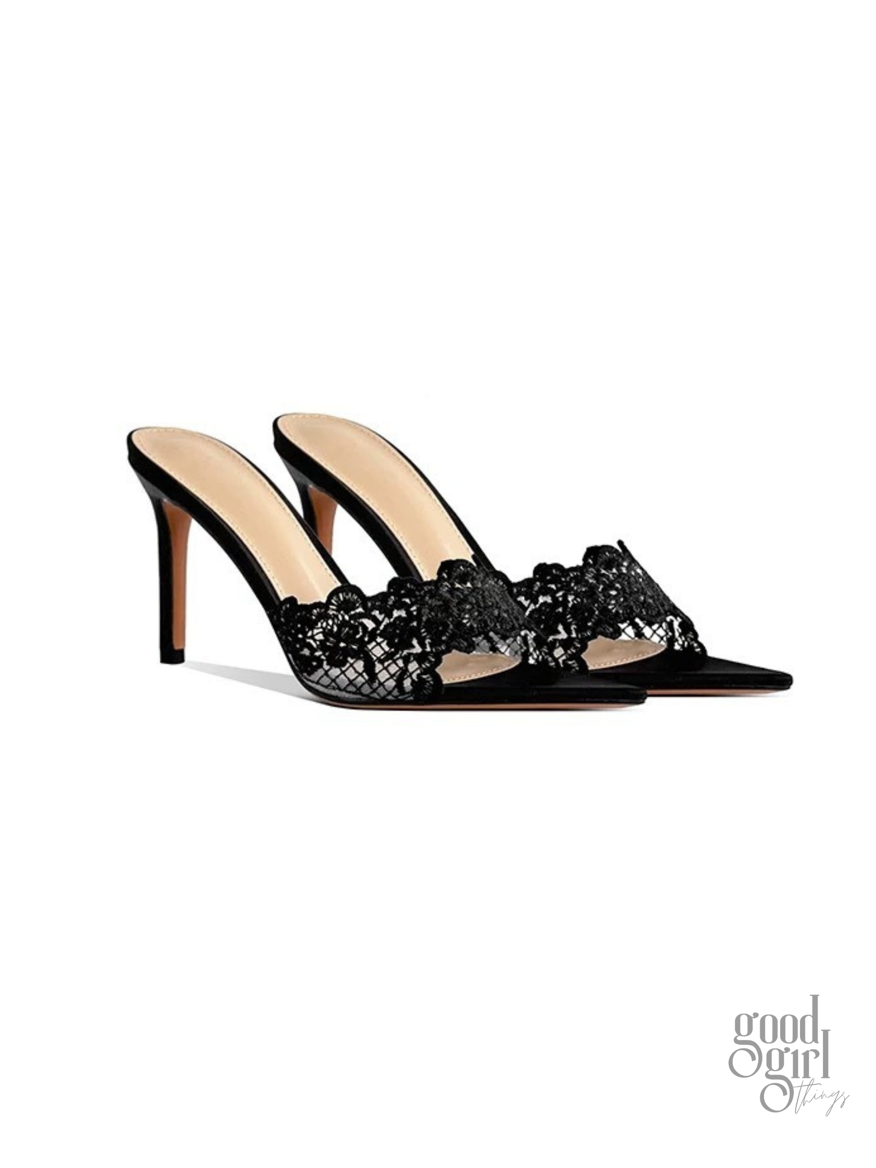 Nisa Lace Pointed-Toe Heeled Mules