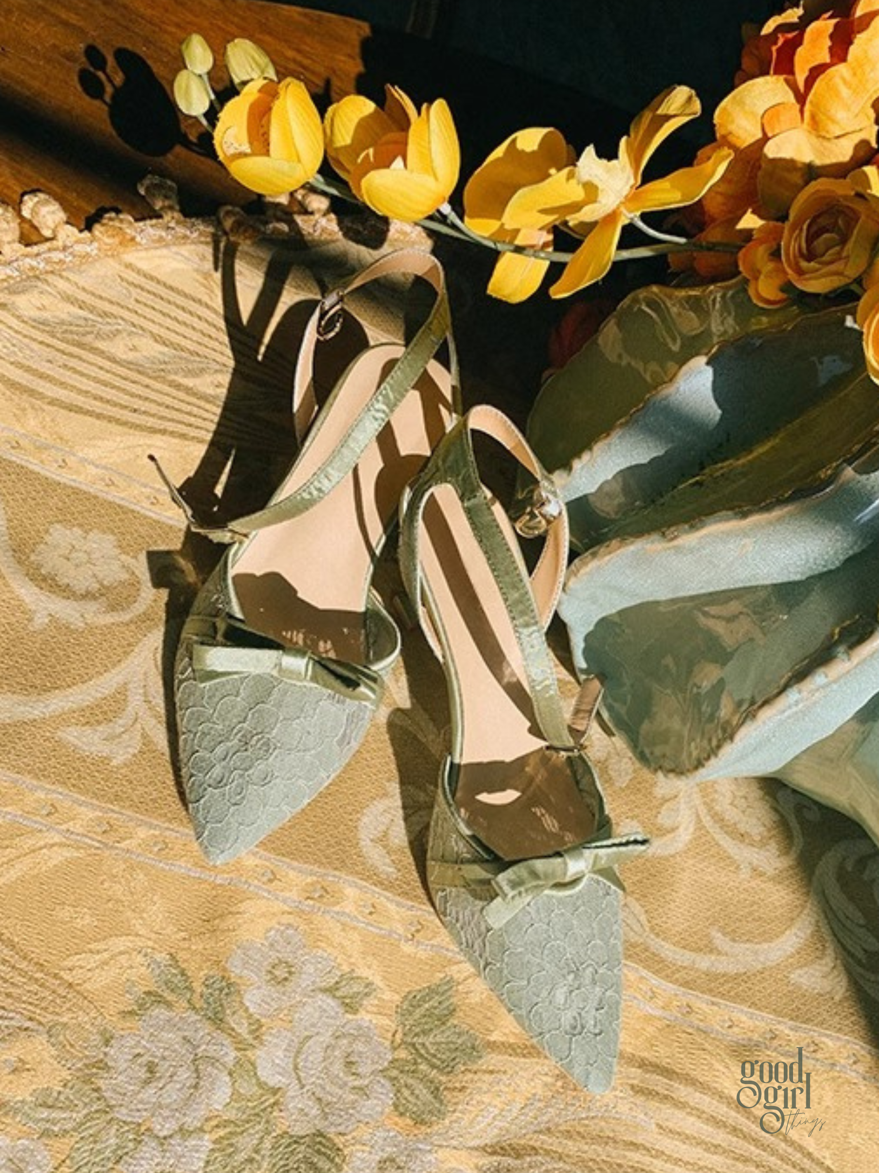 Ellery Sage Green Lace Bow Heels