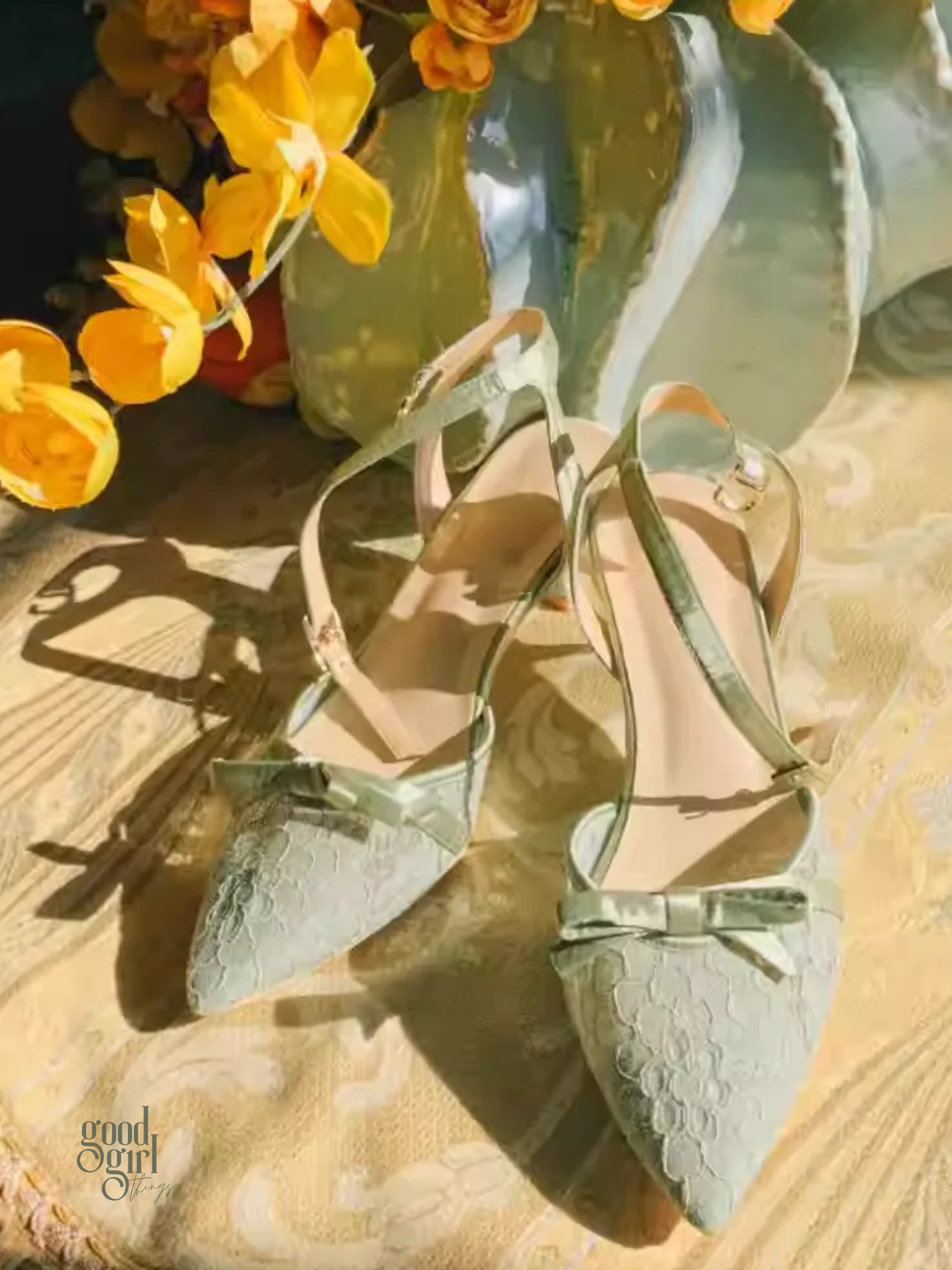 Ellery Sage Green Lace Bow Heels