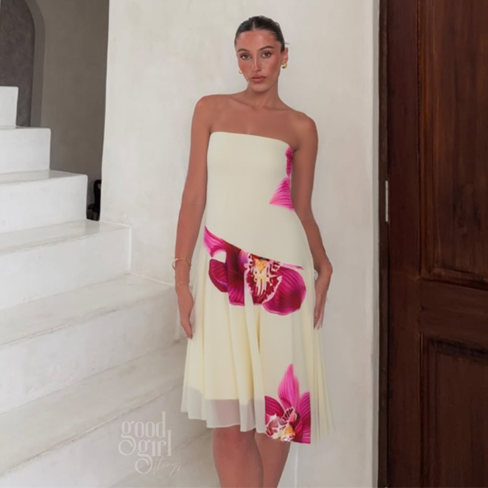 Tyra Orchid Print Strapless Midi Dress