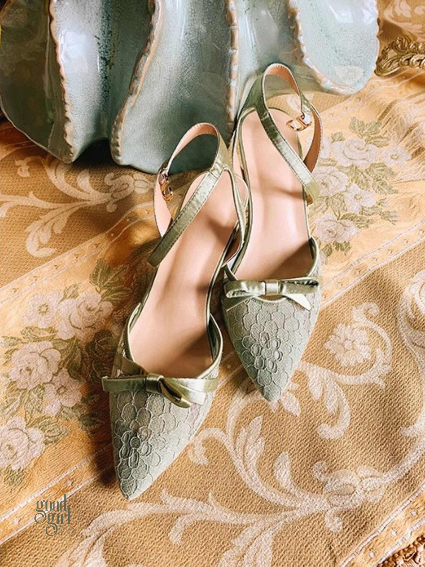 Ellery Sage Green Lace Bow Heels