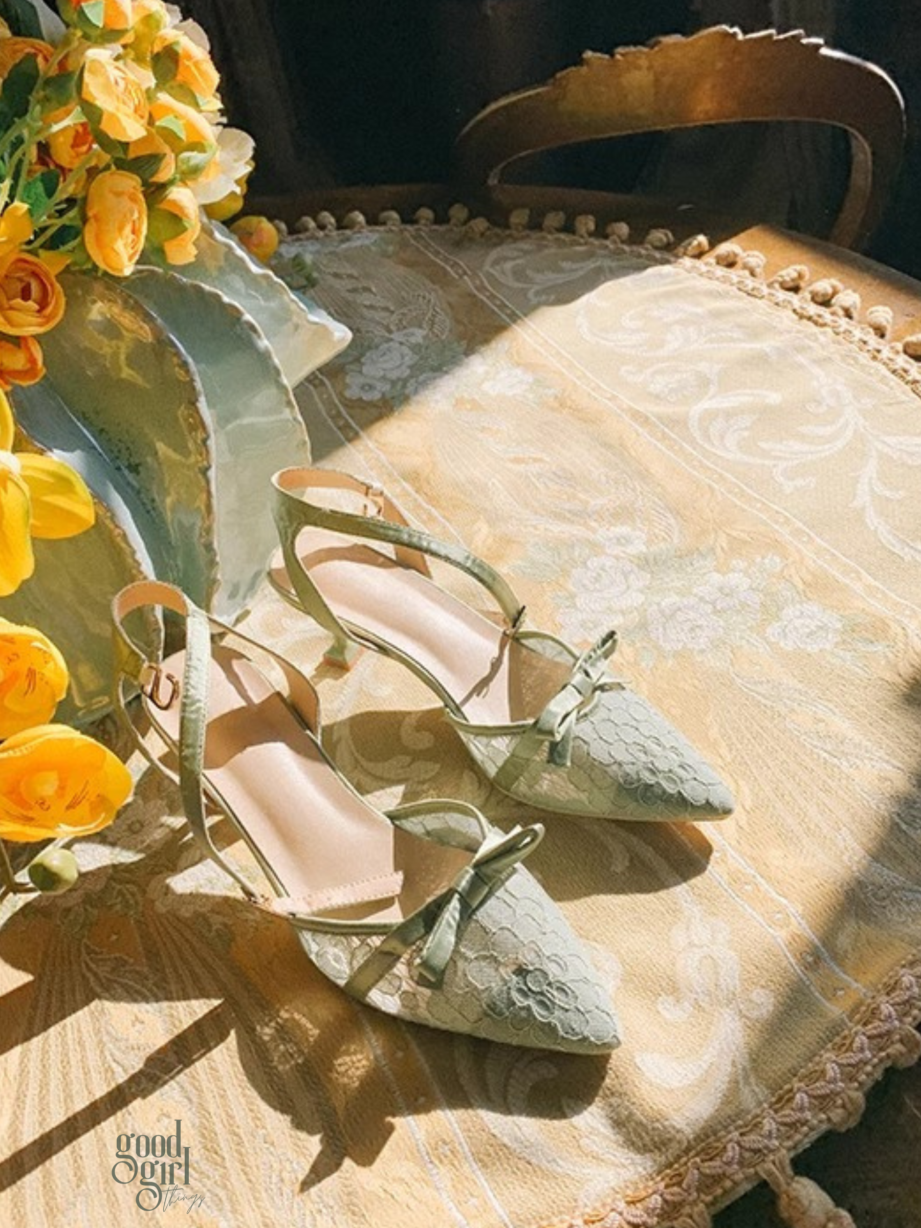 Ellery Sage Green Lace Bow Heels