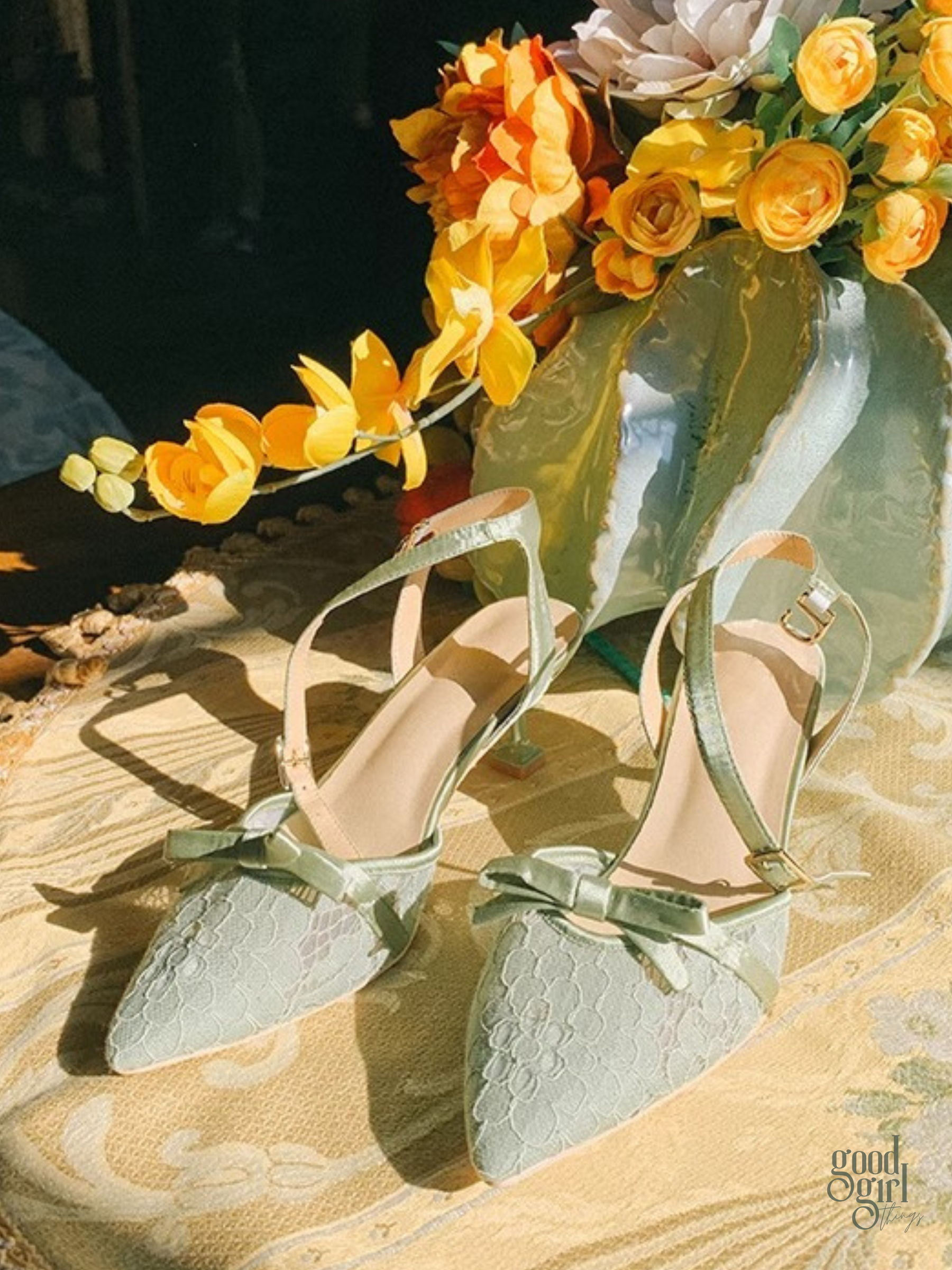 Ellery Sage Green Lace Bow Heels