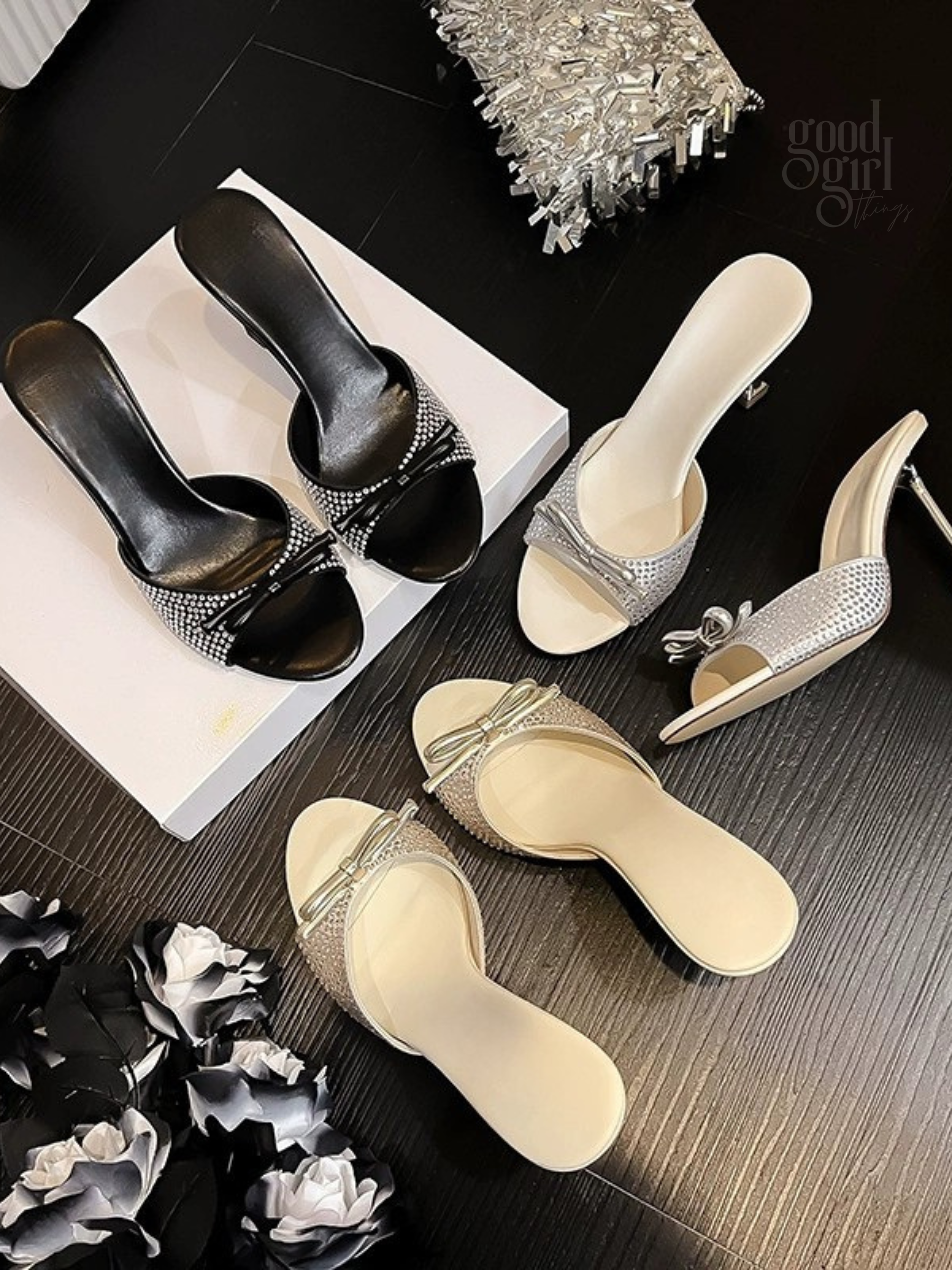 Bliss Crystal Bow Stiletto Mules