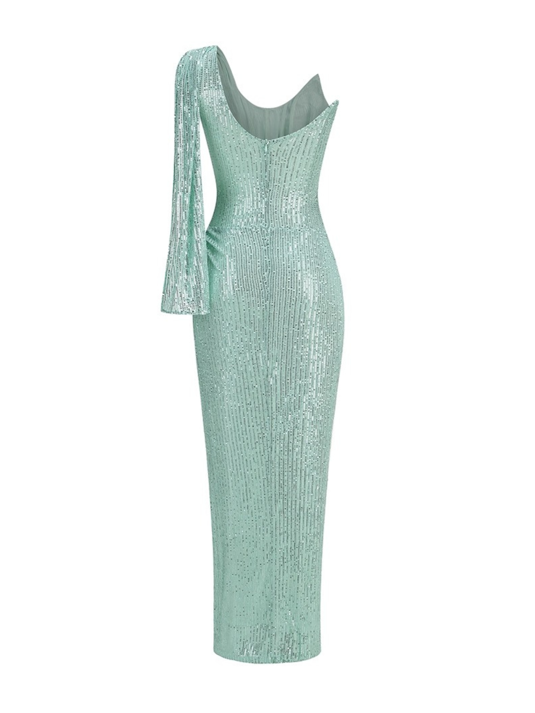 Alina One-Sleeve Sequin Cowl Gown