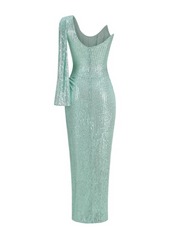 Alina One-Sleeve Sequin Cowl Gown