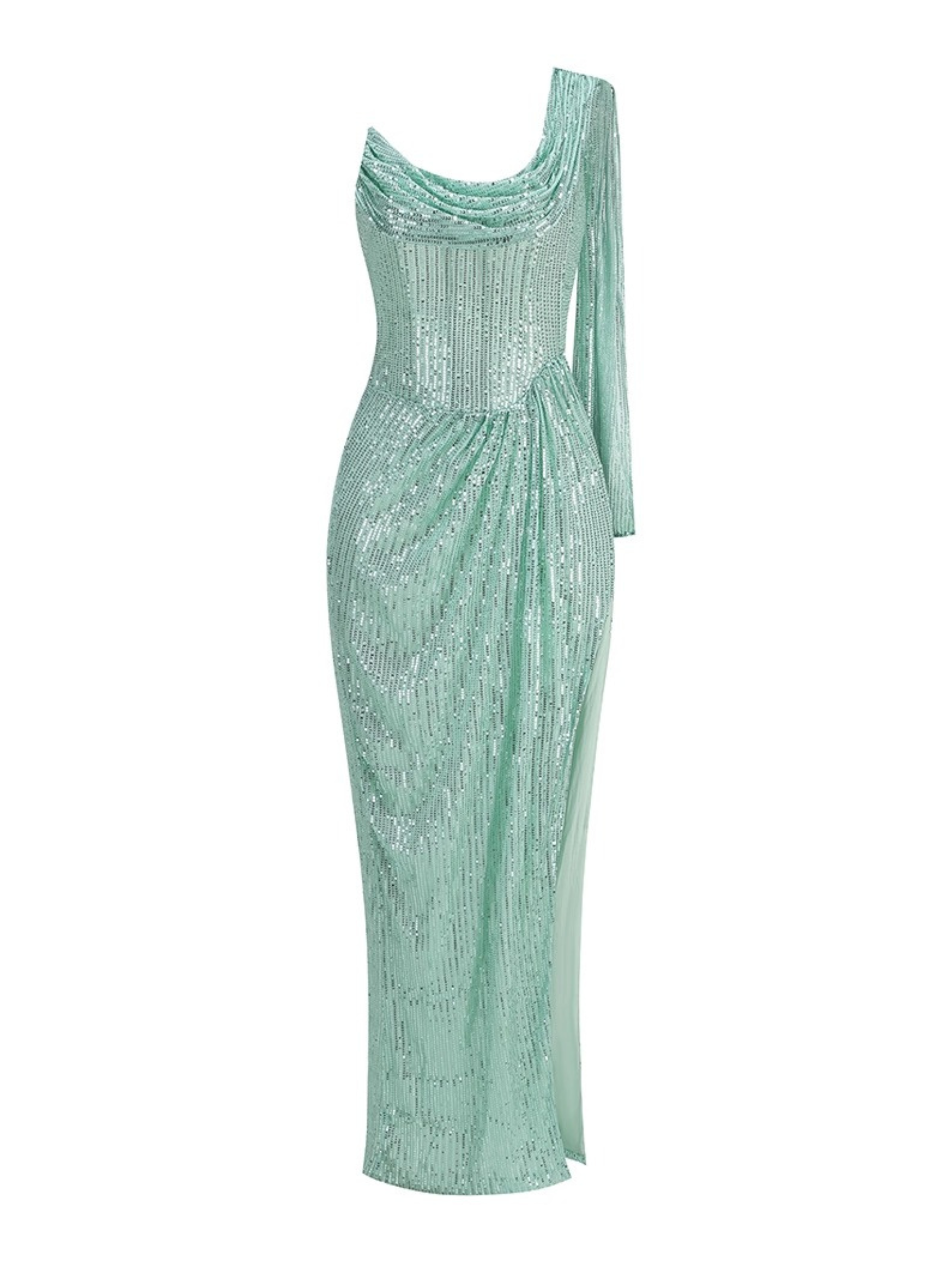 Alina One-Sleeve Sequin Cowl Gown