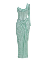 Alina One-Sleeve Sequin Cowl Gown
