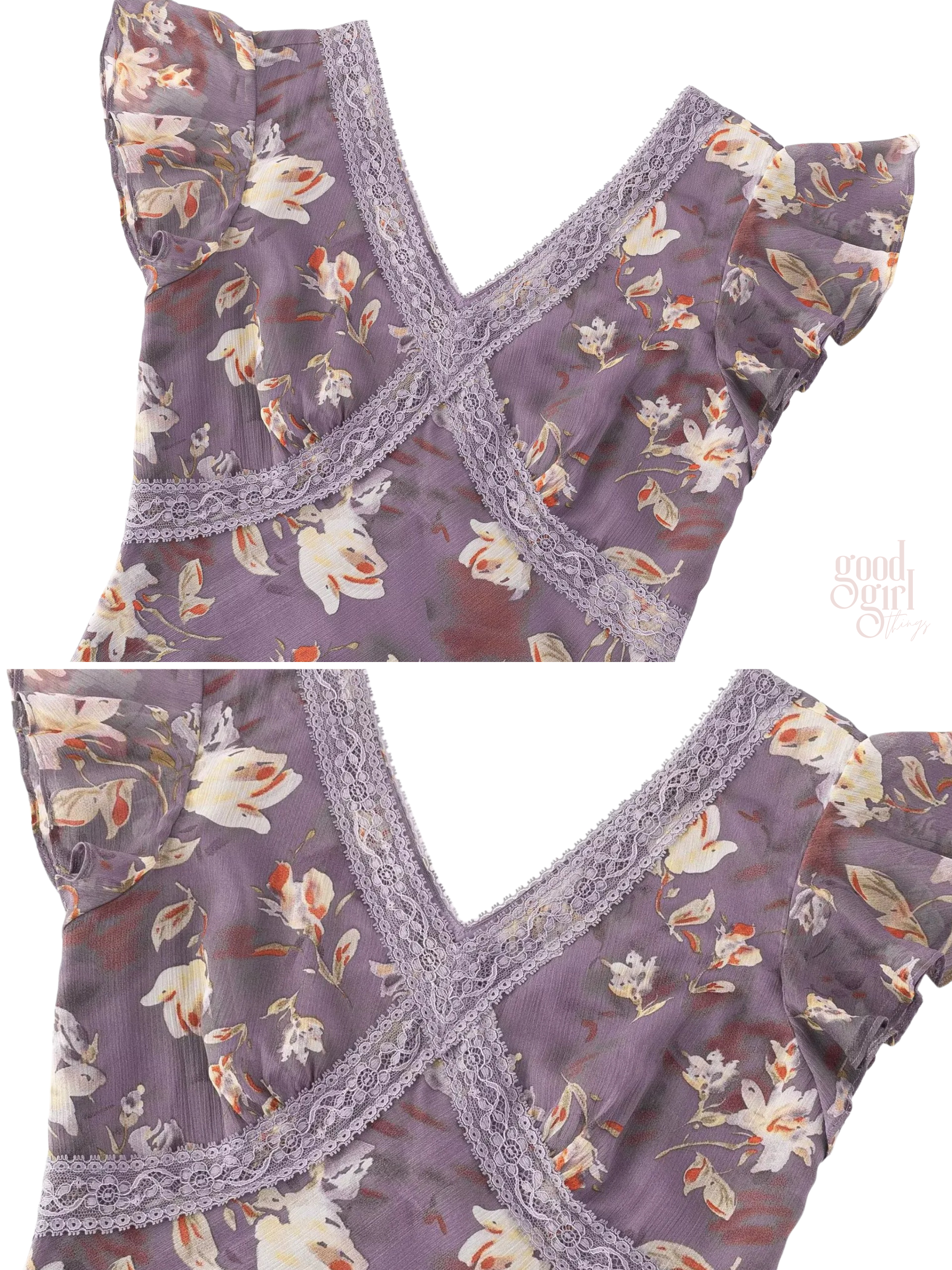 Luana Violet Floral Lace Trim Maxi Dress