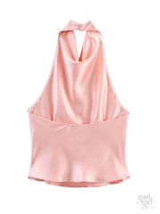 Akila Satin Button-Up Backless Top
