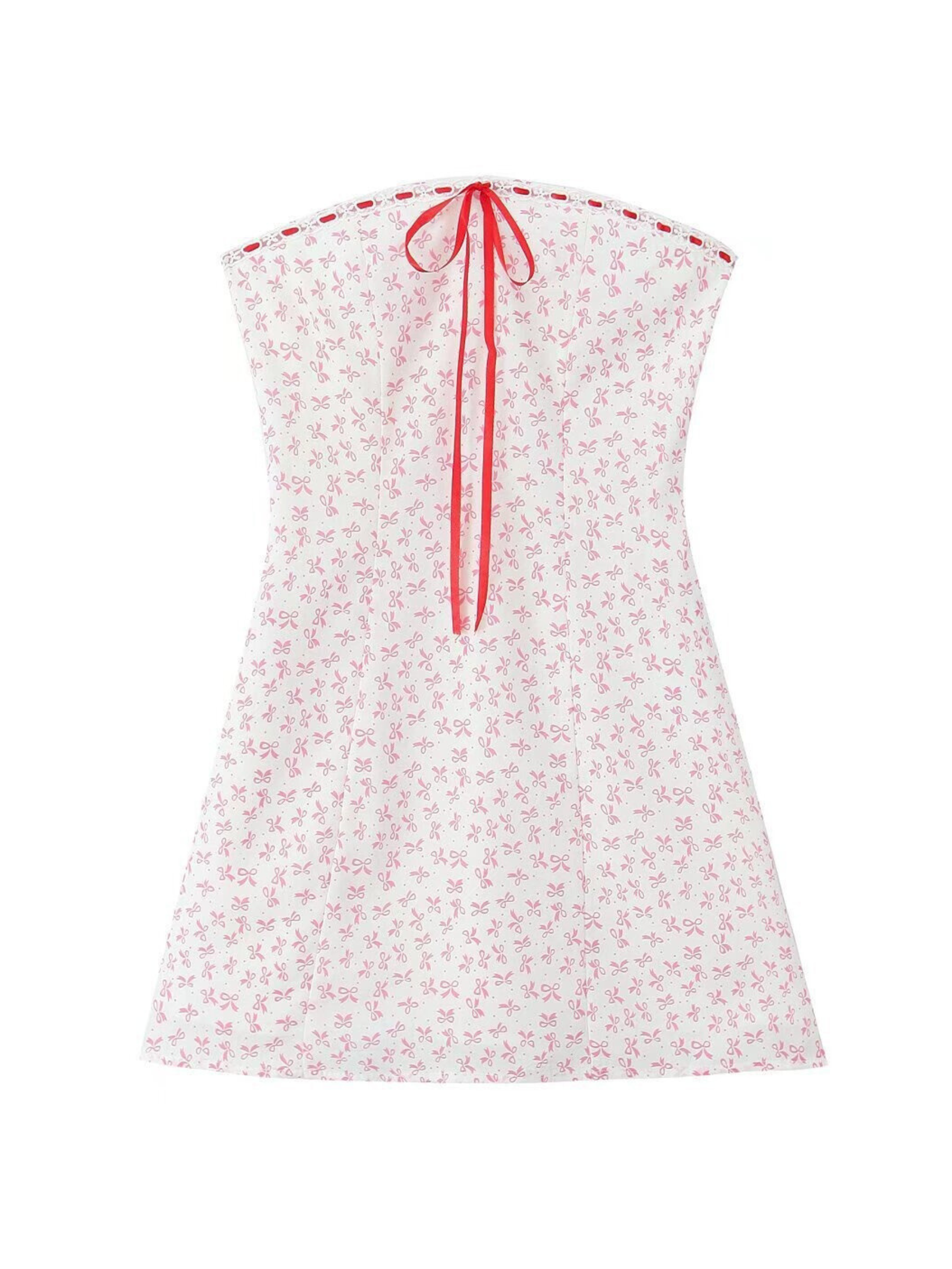 Emeline Bow Print Strapless Mini Dress