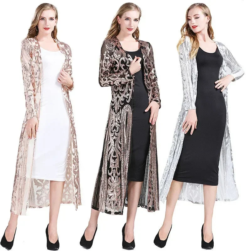 Elegant Jackets Casaco Feminino Sequin Long Jacket Cardigan Coat Chaqueta Mujer Outerwear