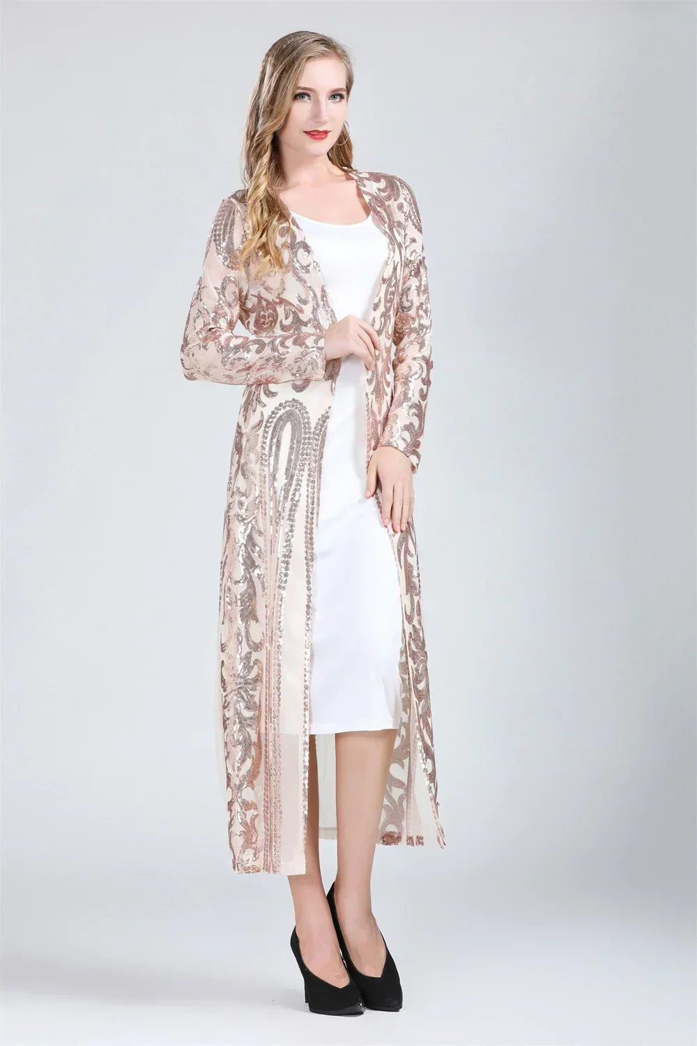 Elegant Jackets Casaco Feminino Sequin Long Jacket Cardigan Coat Chaqueta Mujer Outerwear