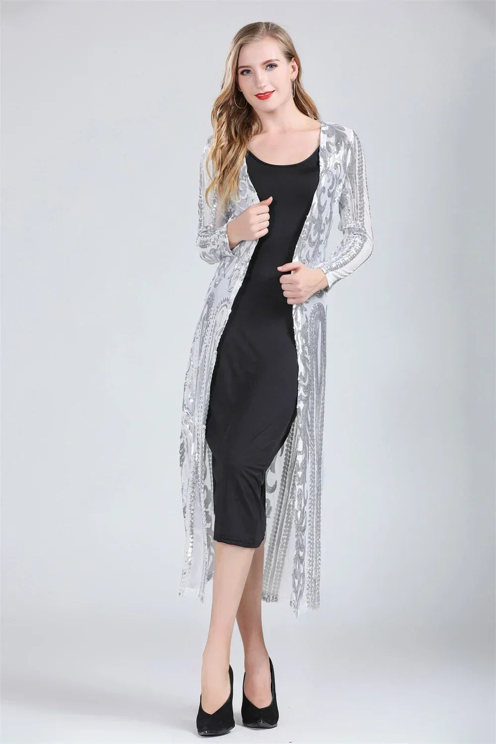 Elegant Jackets Casaco Feminino Sequin Long Jacket Cardigan Coat Chaqueta Mujer Outerwear