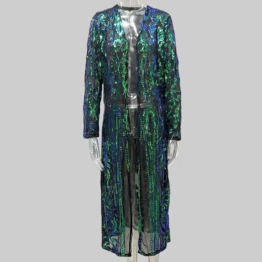 Elegant Jackets Casaco Feminino Sequin Long Jacket Cardigan Coat Chaqueta Mujer Outerwear