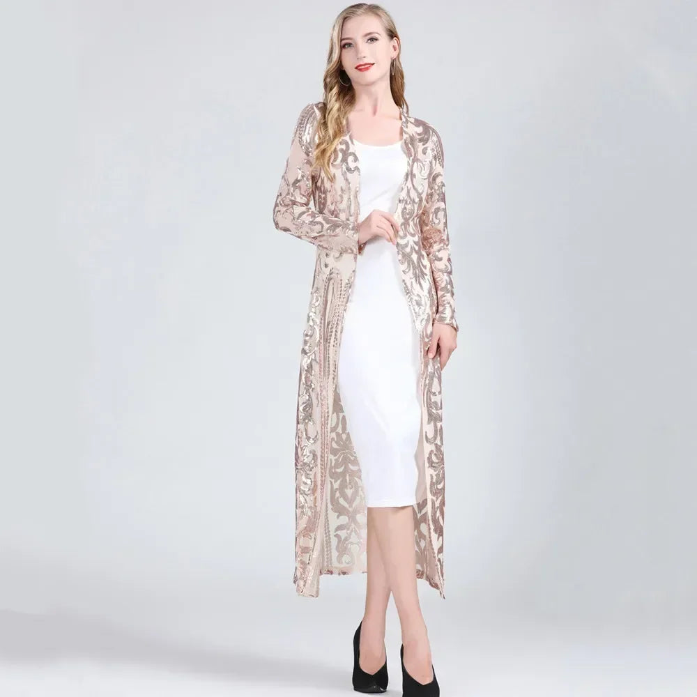 Elegant Jackets Casaco Feminino Sequin Long Jacket Cardigan Coat Chaqueta Mujer Outerwear
