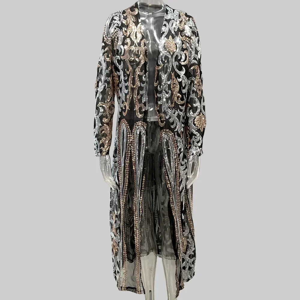 Elegant Jackets Casaco Feminino Sequin Long Jacket Cardigan Coat Chaqueta Mujer Outerwear