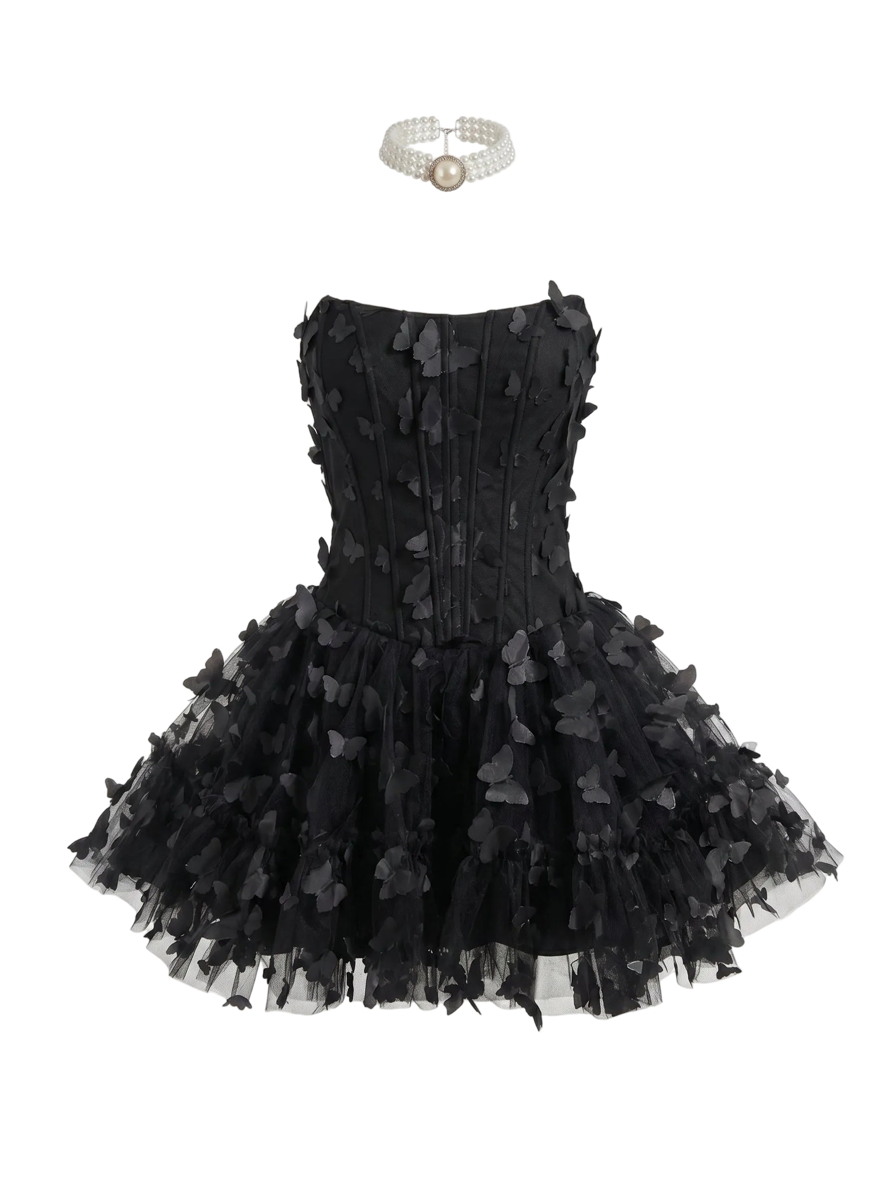 Butterfly Applique Corset Mini Dress - Black