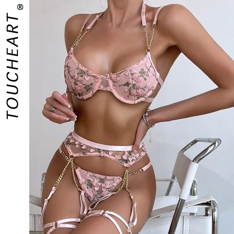 Laced Bra Lingerie Floral Embroidery Underwear Transparent Fairy Set 2-Piece Boho Bra + Panty Underwear Set Intimates