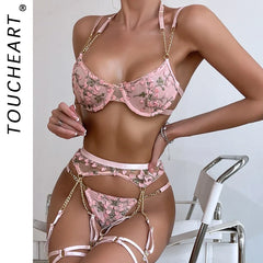 Laced Bra Lingerie Floral Embroidery Underwear Transparent Fairy Set 2-Piece Boho Bra + Panty Underwear Set Intimates