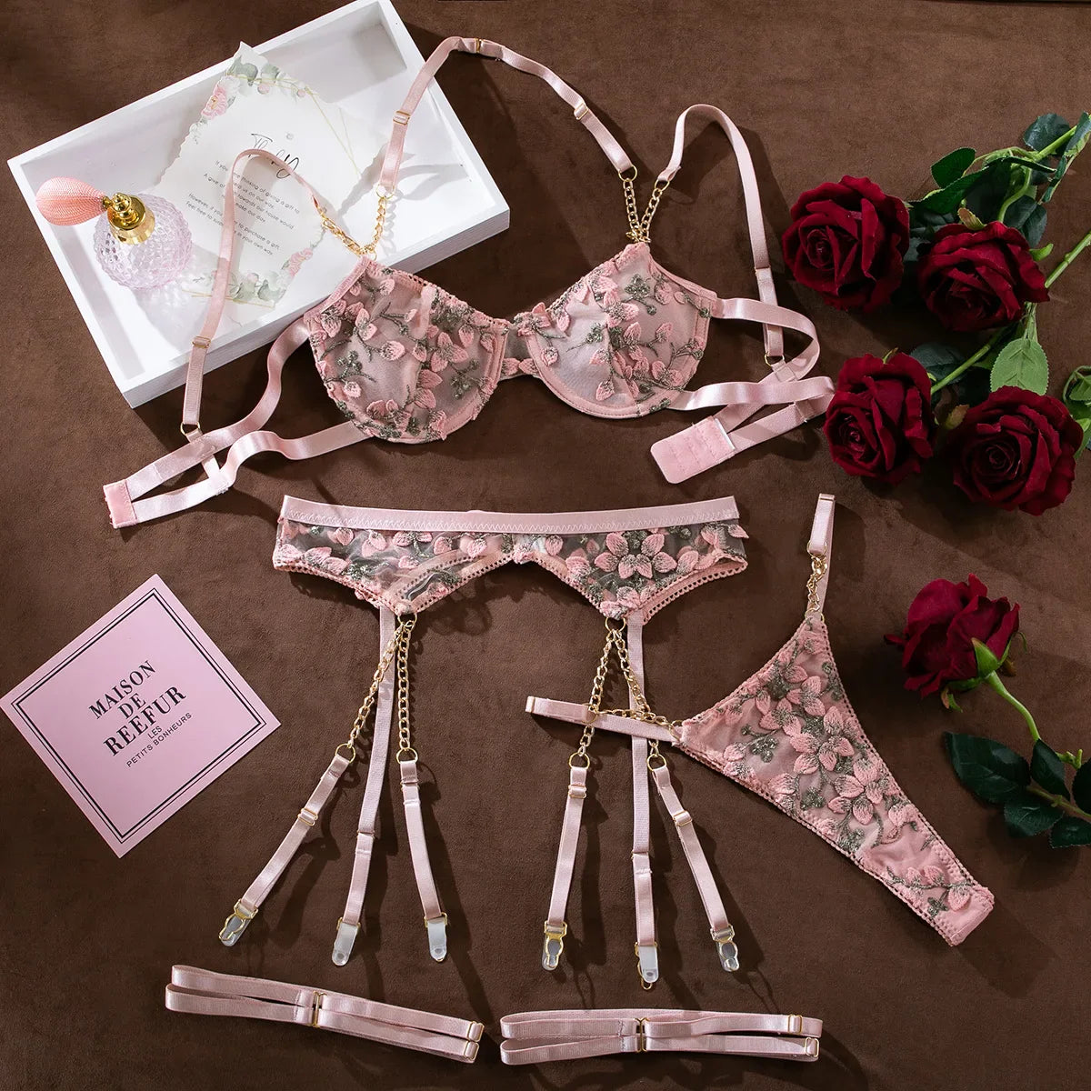 Laced Bra Lingerie Floral Embroidery Underwear Transparent Fairy Set 2-Piece Boho Bra + Panty Underwear Set Intimates