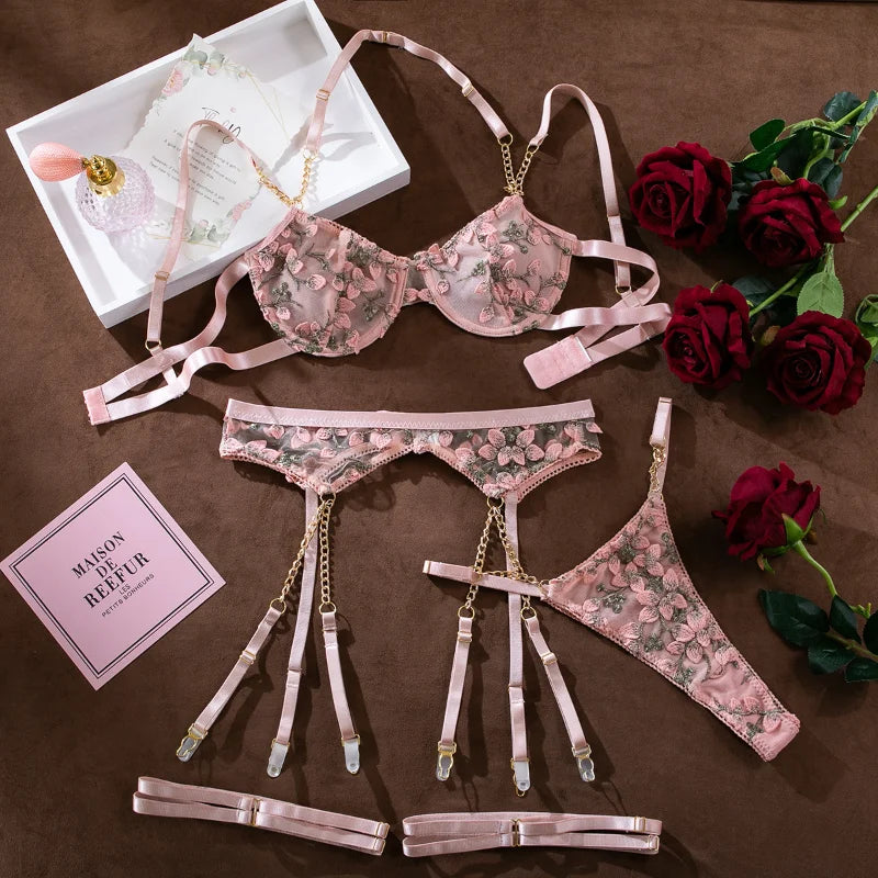 Laced Bra Lingerie Floral Embroidery Underwear Transparent Fairy Set 2-Piece Boho Bra + Panty Underwear Set Intimates
