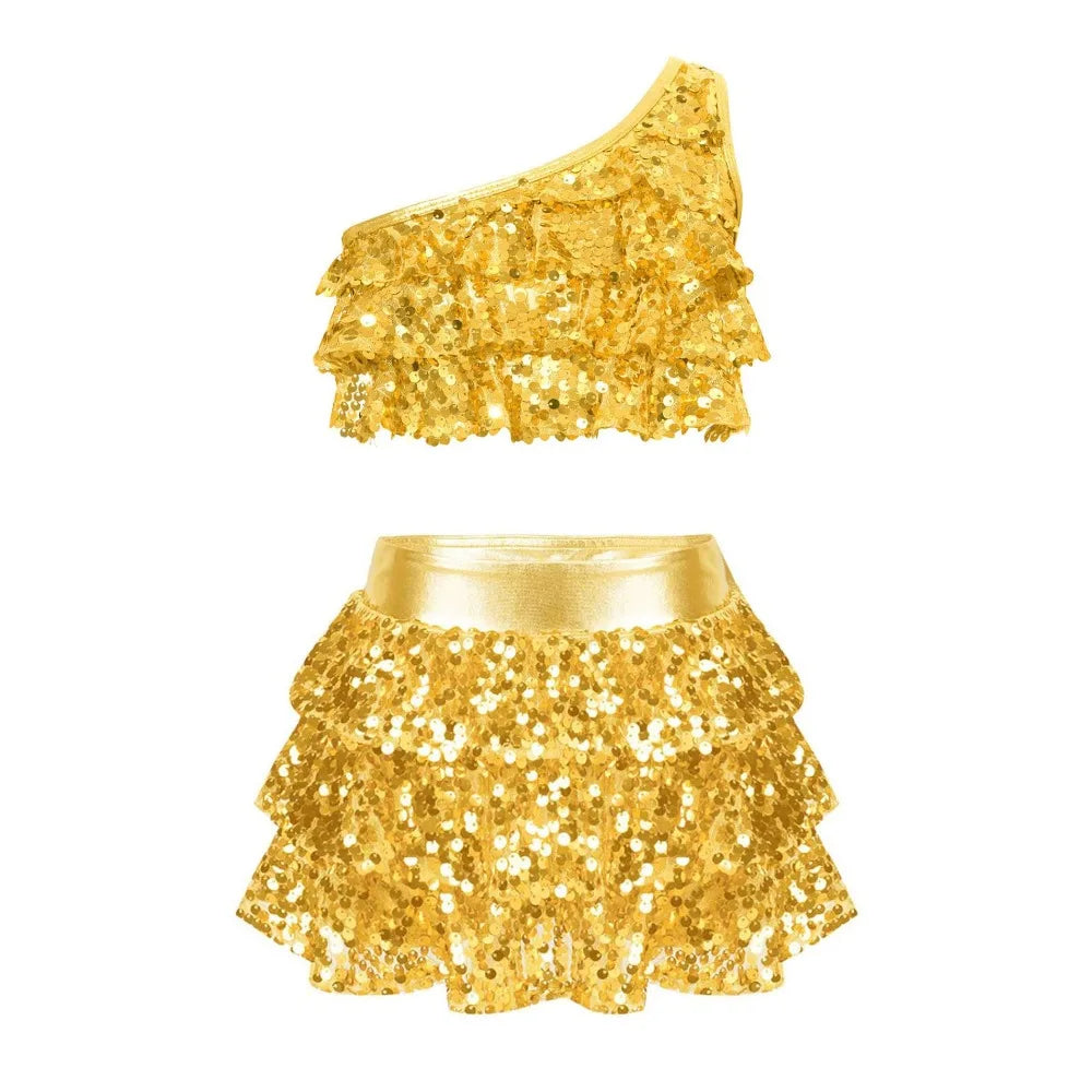 Latin Glitter Dancewear Children Set Performance Kids Competition Uniform Girl Dress