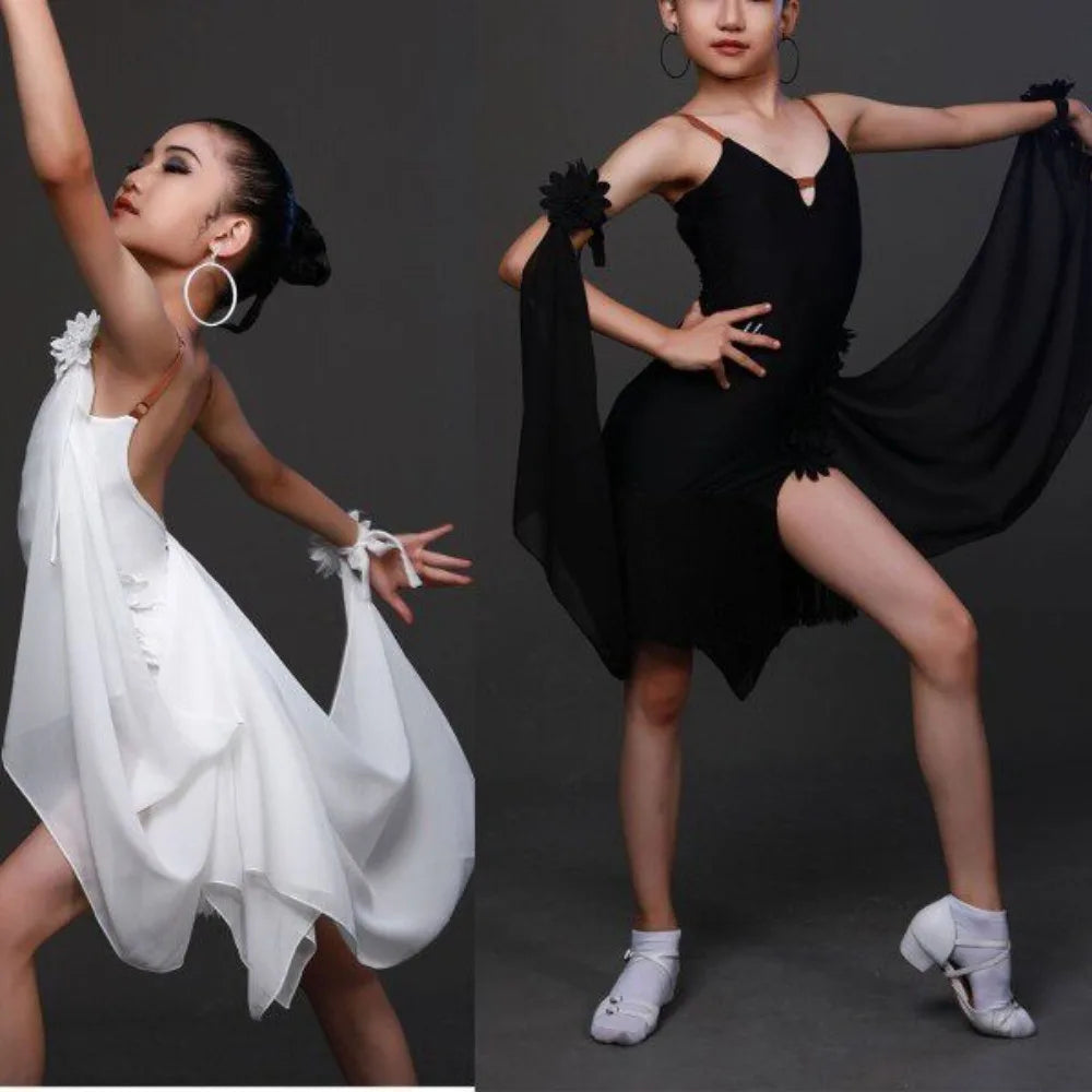 Latin Stage Performance Competition Uniform Kids Children Latin Dance Wear Fringe Skirt
