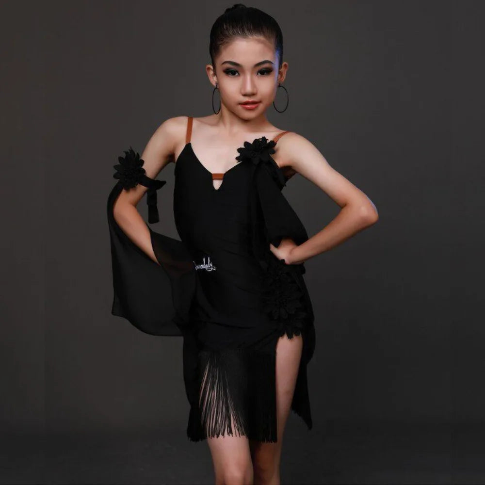 Latin Stage Performance Competition Uniform Kids Children Latin Dance Wear Fringe Skirt