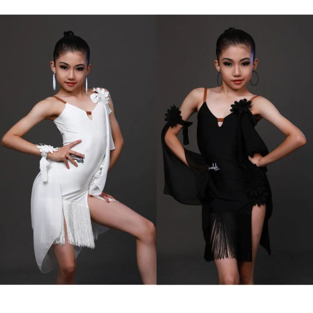 Latin Stage Performance Competition Uniform Kids Children Latin Dance Wear Fringe Skirt