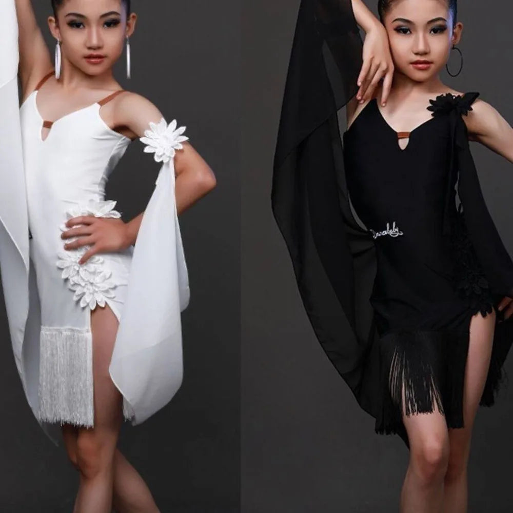 Latin Stage Performance Competition Uniform Kids Children Latin Dance Wear Fringe Skirt