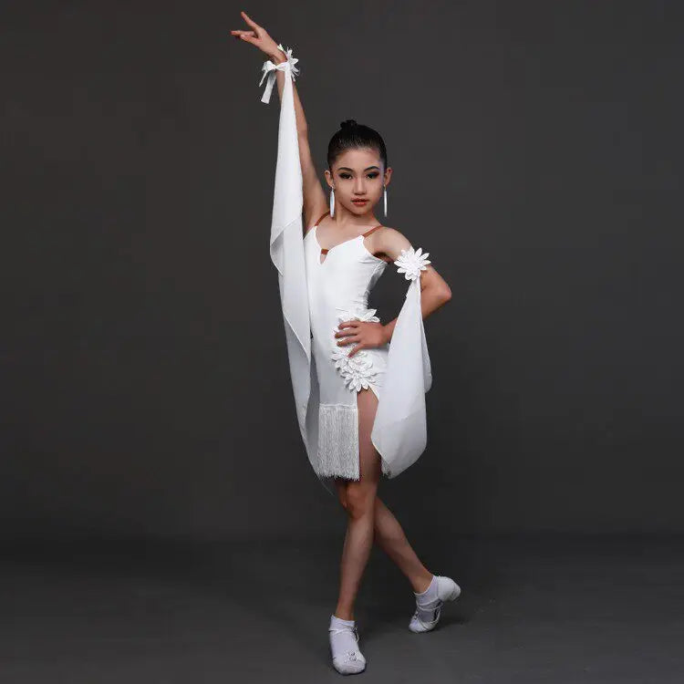 Latin Stage Performance Competition Uniform Kids Children Latin Dance Wear Fringe Skirt