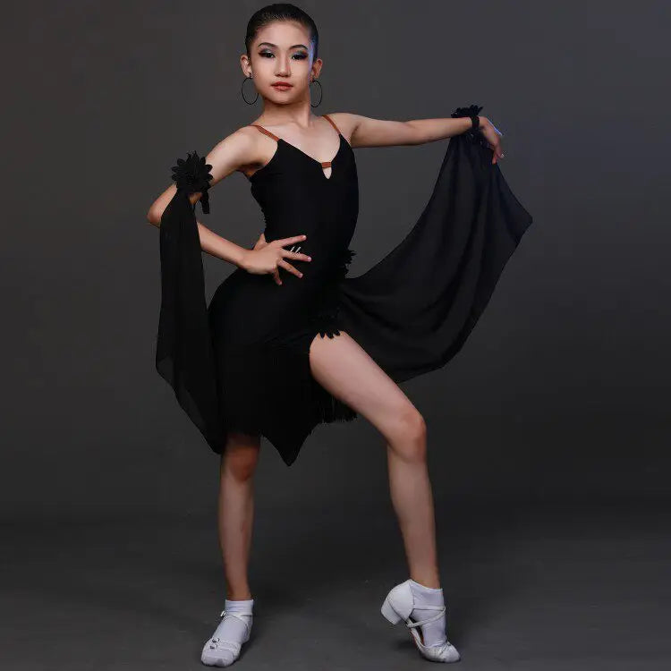 Latin Stage Performance Competition Uniform Kids Children Latin Dance Wear Fringe Skirt