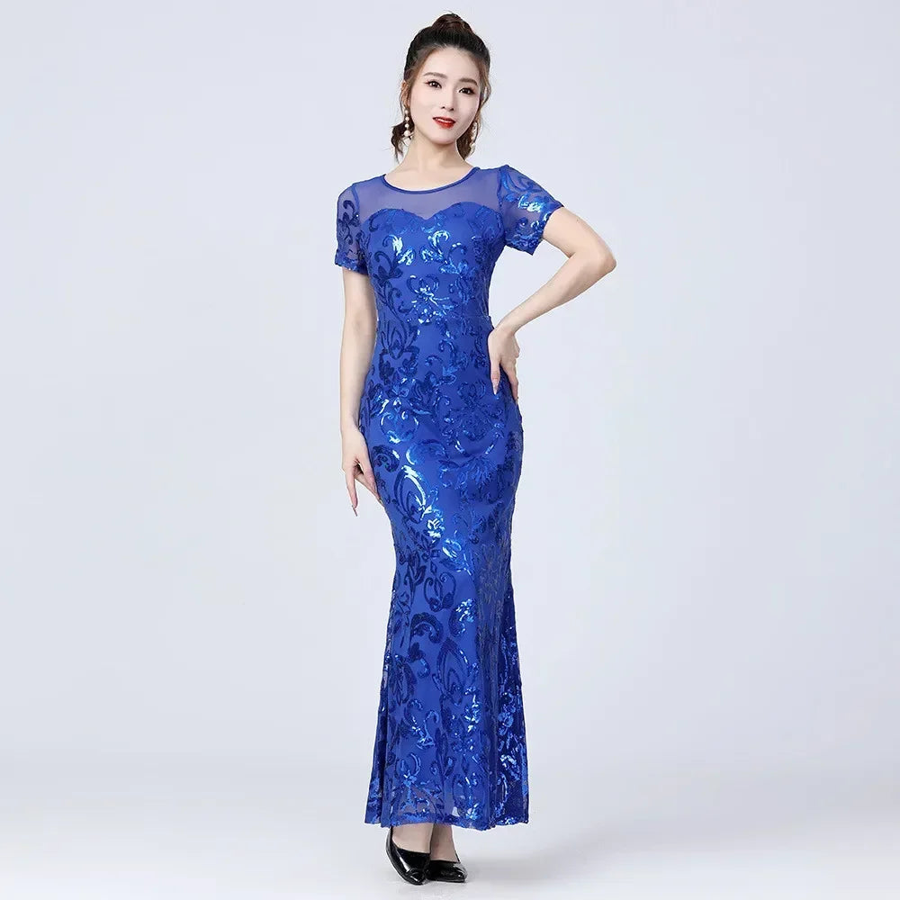 Long Dress Party Club Streetwear Stage Show Sequin Maxi Dress Vintage Elegant