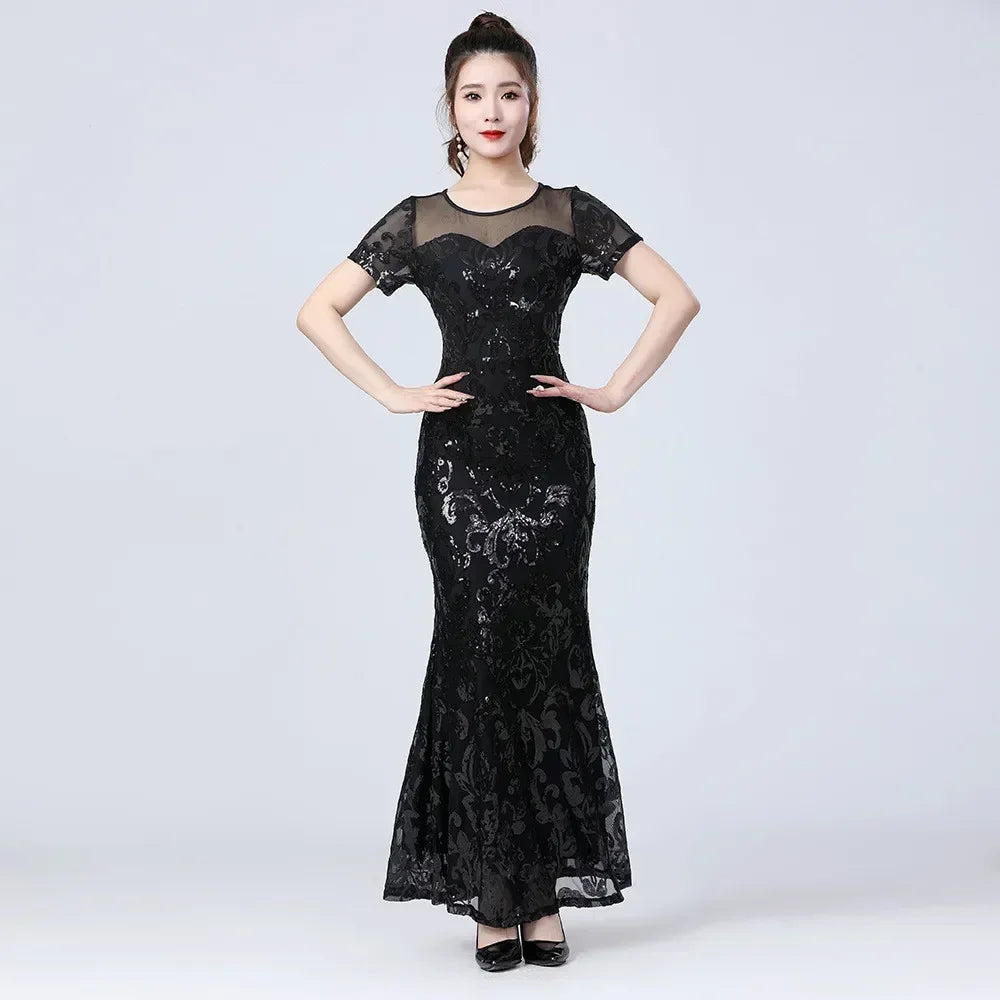 Long Dress Party Club Streetwear Stage Show Sequin Maxi Dress Vintage Elegant