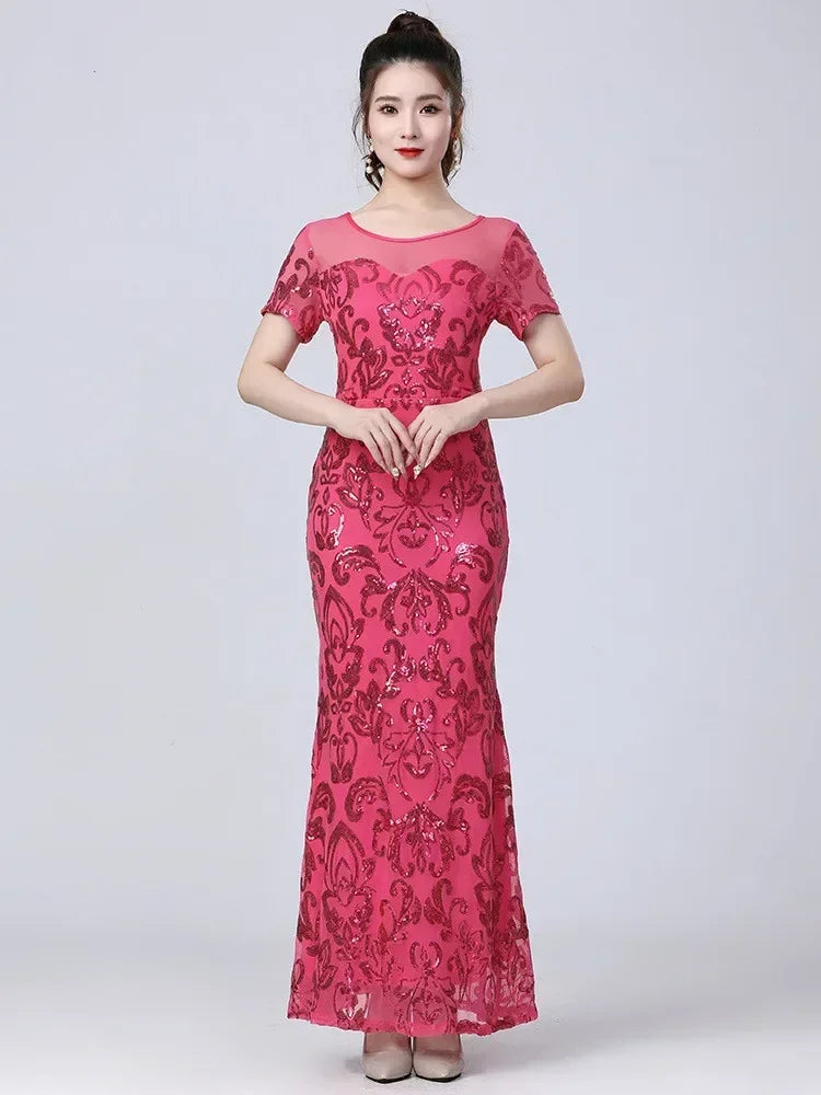 Long Dress Party Club Streetwear Stage Show Sequin Maxi Dress Vintage Elegant