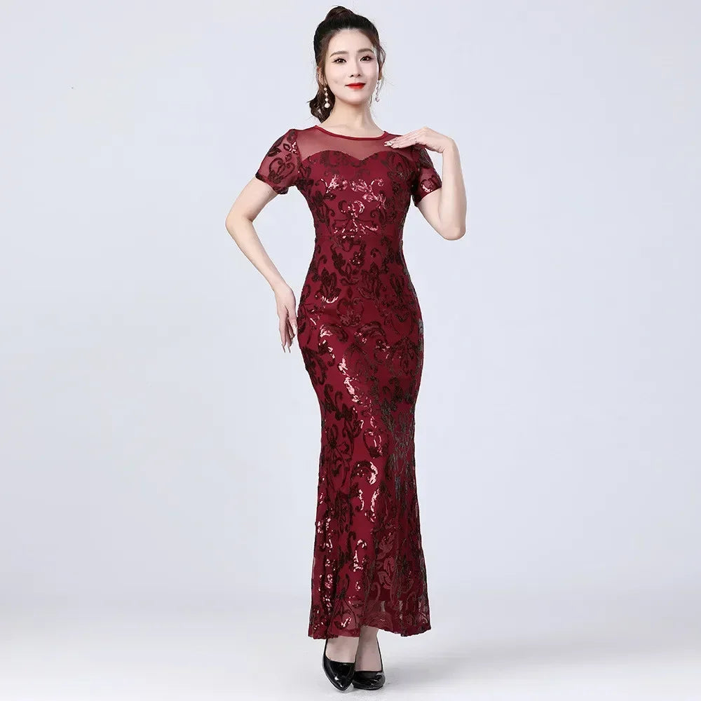 Long Dress Party Club Streetwear Stage Show Sequin Maxi Dress Vintage Elegant