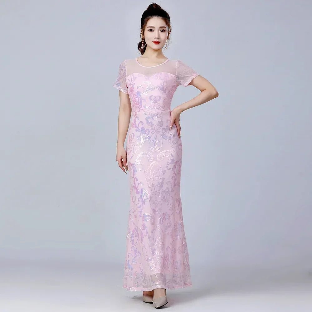 Long Dress Party Club Streetwear Stage Show Sequin Maxi Dress Vintage Elegant