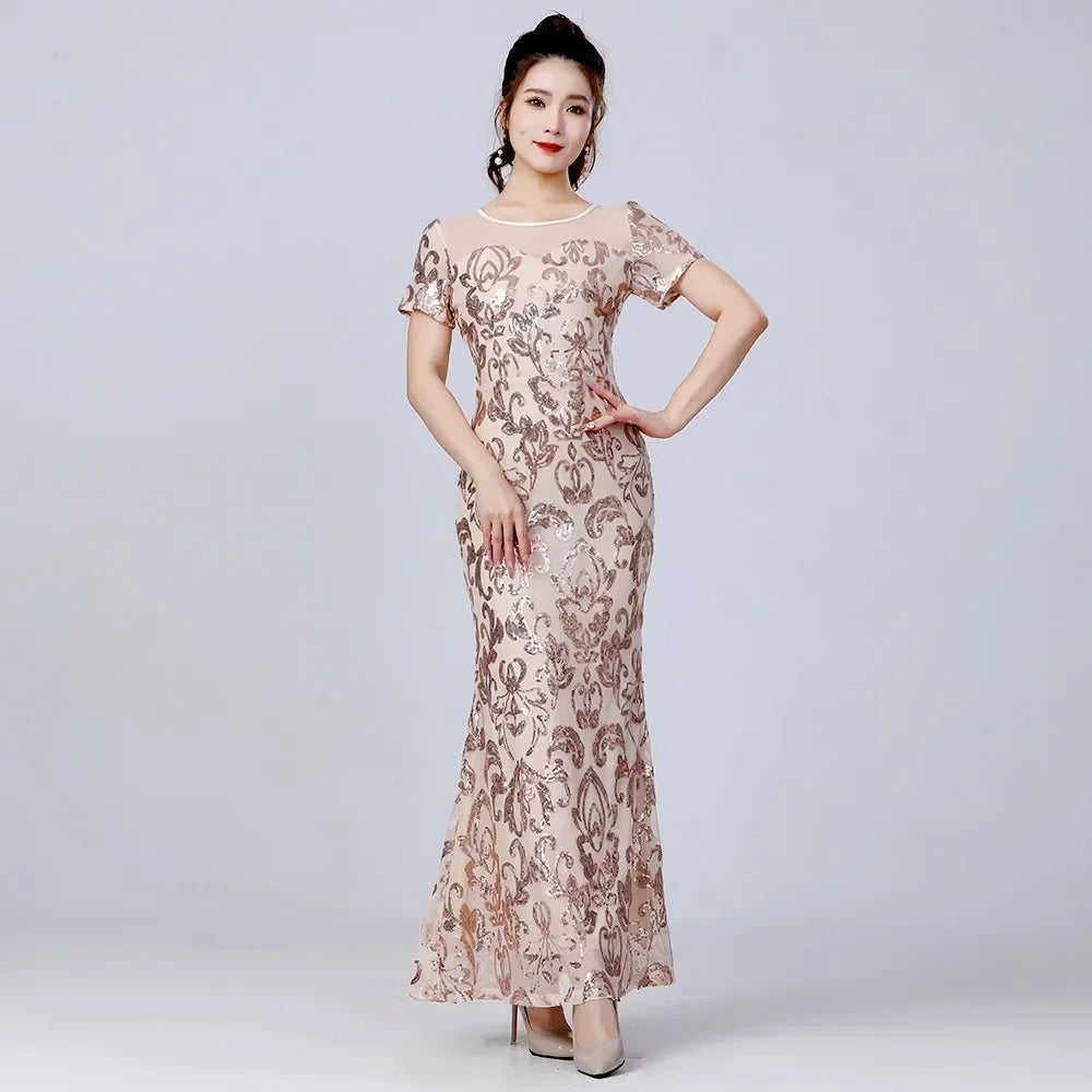 Long Dress Party Club Streetwear Stage Show Sequin Maxi Dress Vintage Elegant