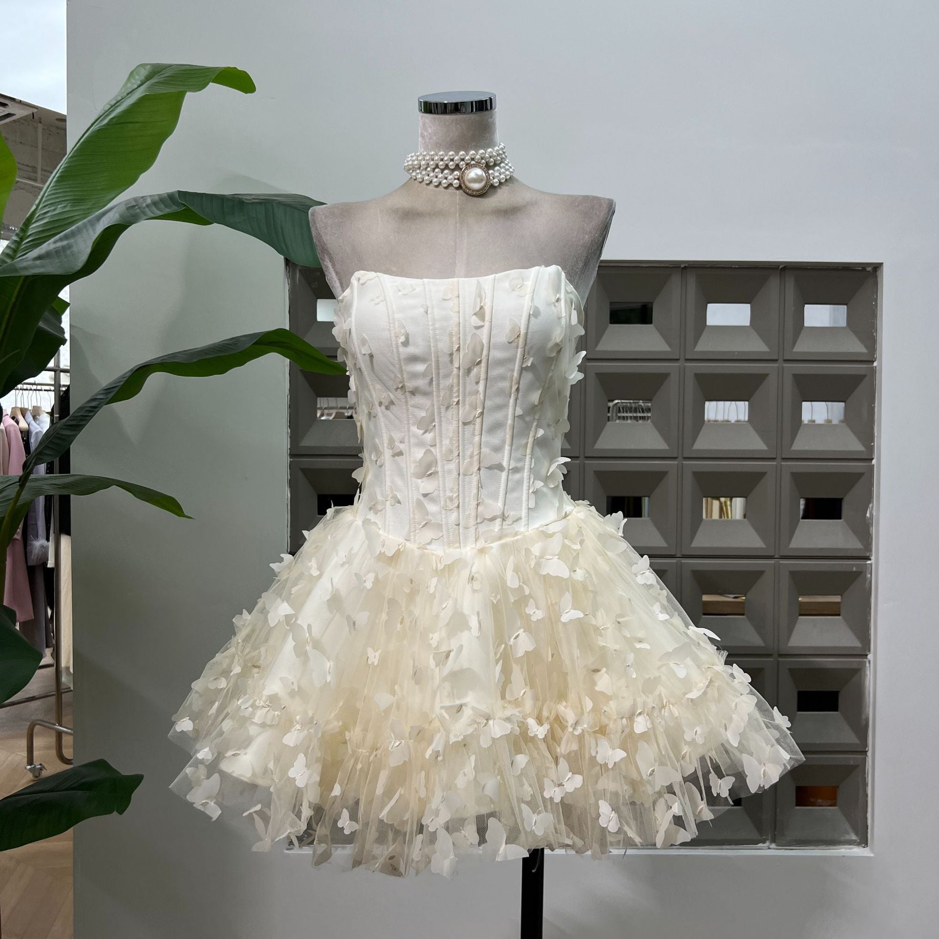 Butterfly Applique Corset Mini Dress - Cream