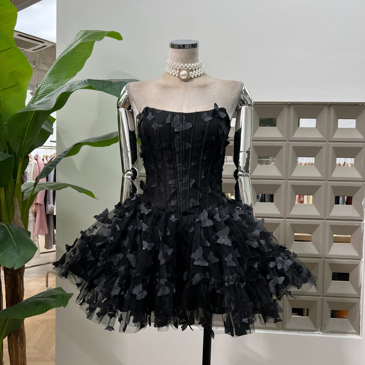 Butterfly Applique Corset Mini Dress - Black