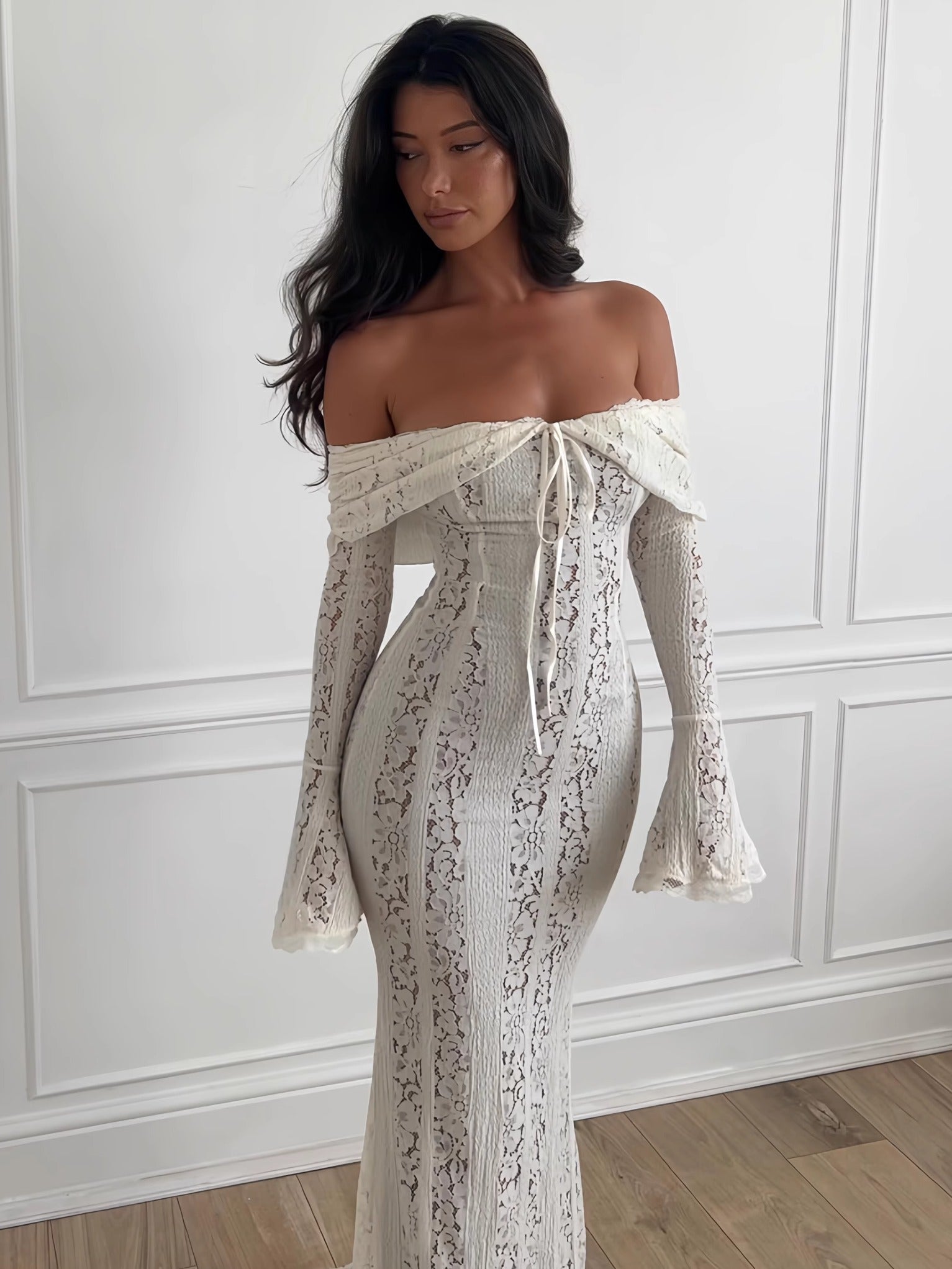 Angelee Off-Shoulder Long Lace Dress