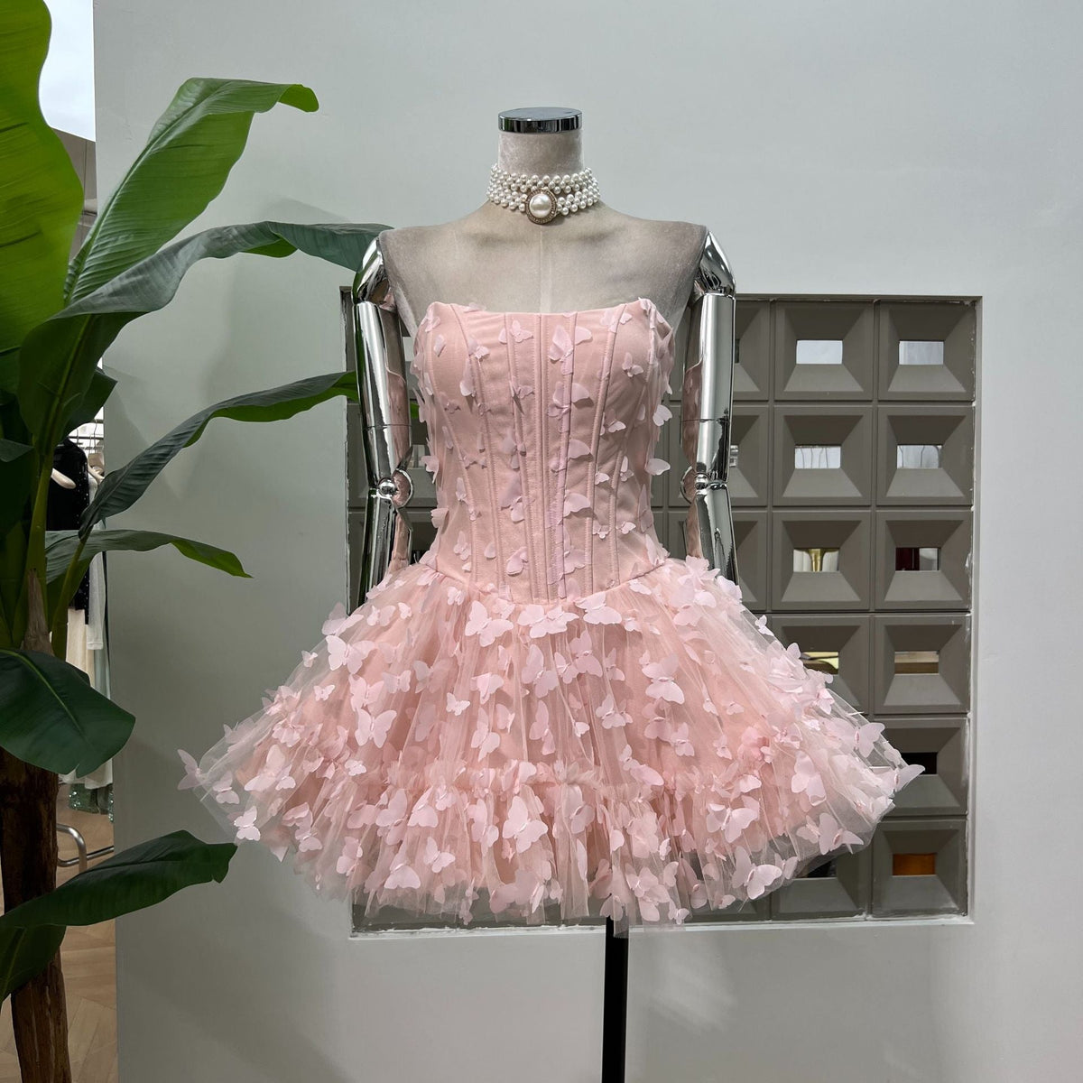 Butterfly Applique Corset Mini Dress - Light Pink