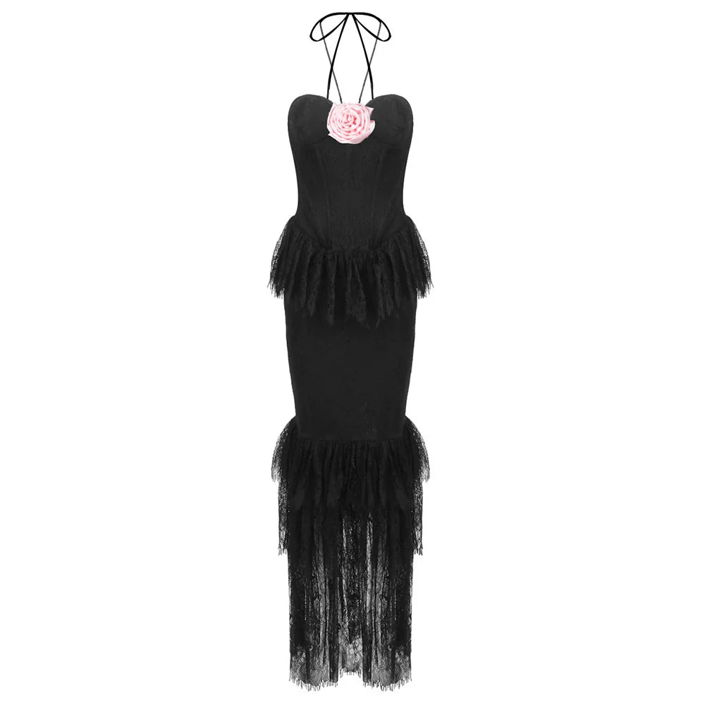 Eimy Floral Neck Lace Maxi Dress