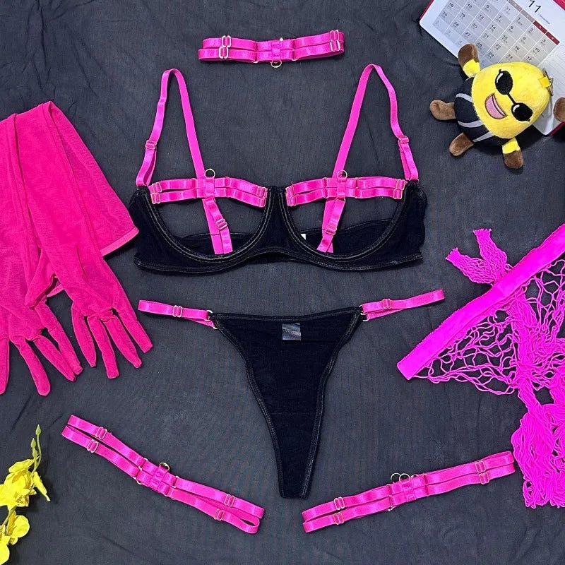 Lingerie Suit Mesh Contrast Color See-through Underwear Suit Ropa Mujeres Lencería